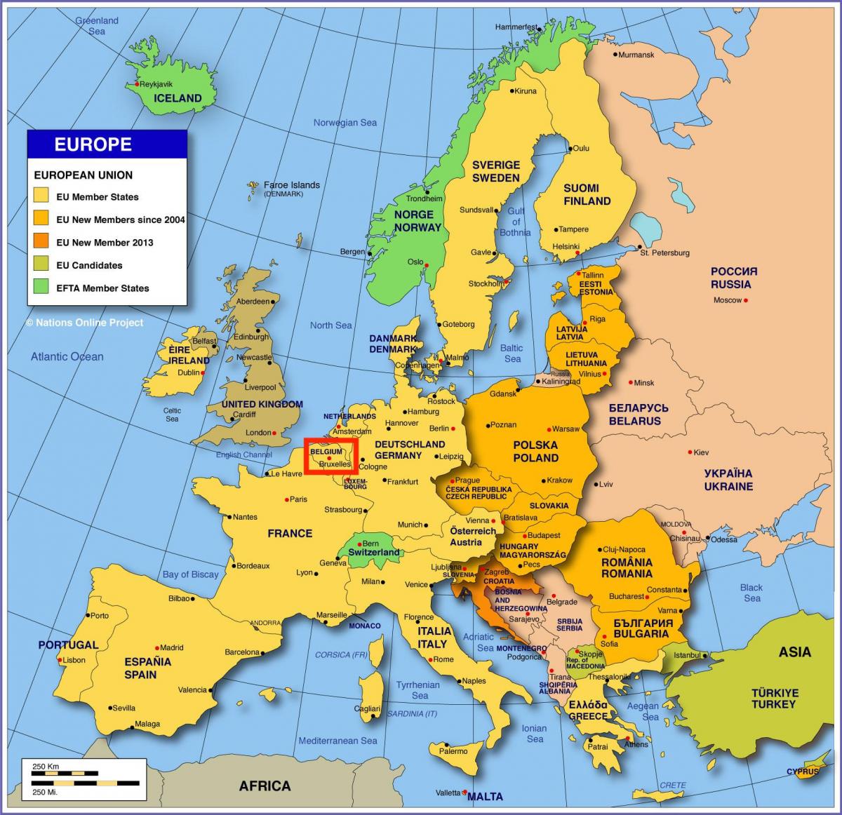 kaart van europa met Brussel
